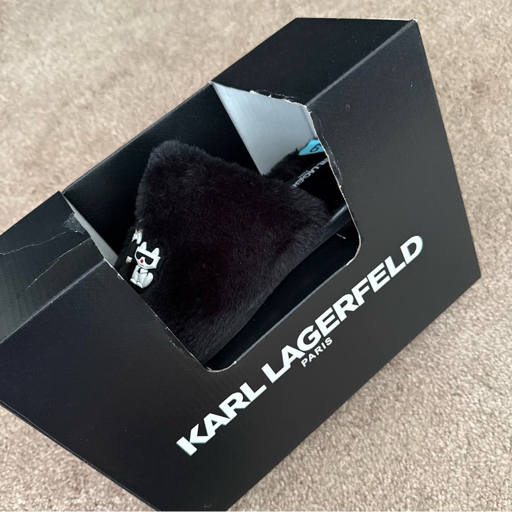 NEW Karl Lagerfeld Black Plush Slippers Faux Fur - Picture 7 of 8